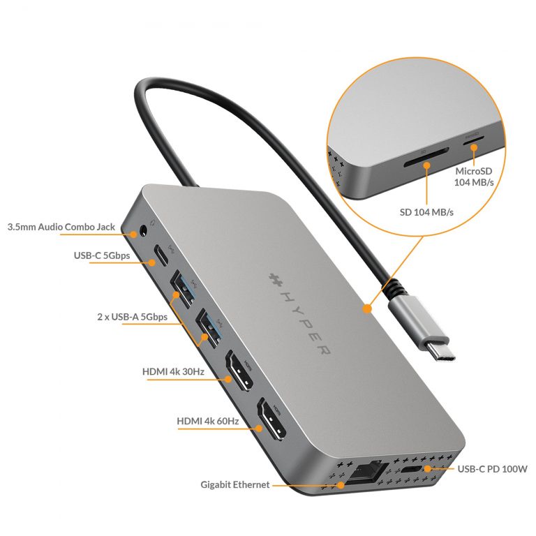 [Mã 33ELSALE hoàn 7% xu đơn 300k] Cổng chuyển HyperDrive Dual 4K HDMI 10-IN-1 (2 Màn hình) USB-C HUB FOR MACBOOK M1