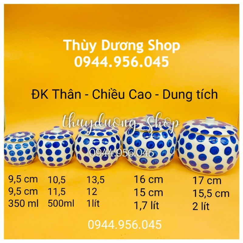 Hũ đựng mỡ , gia vị bằng sứ có nắp đậy chấm bi