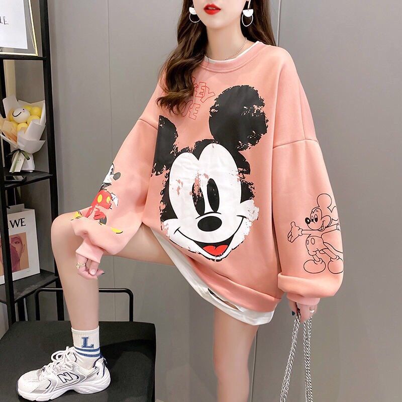 Áo Sweater Nỉ Nữ Mickey Mouse 🍓áo Thun Nữ Cổ Tròn Dài Tay Họa Tiết In 2 Màu 🍓