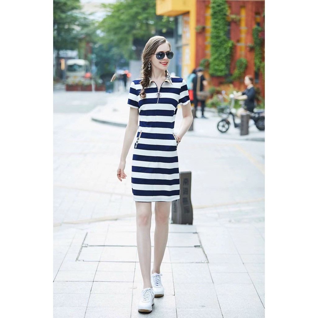HÀNG QC - ĐẦM SUÔNG THUN LỤA BBR KẺ SỌC NGANG CỔ BẺ CAO CẤP - LCT265
