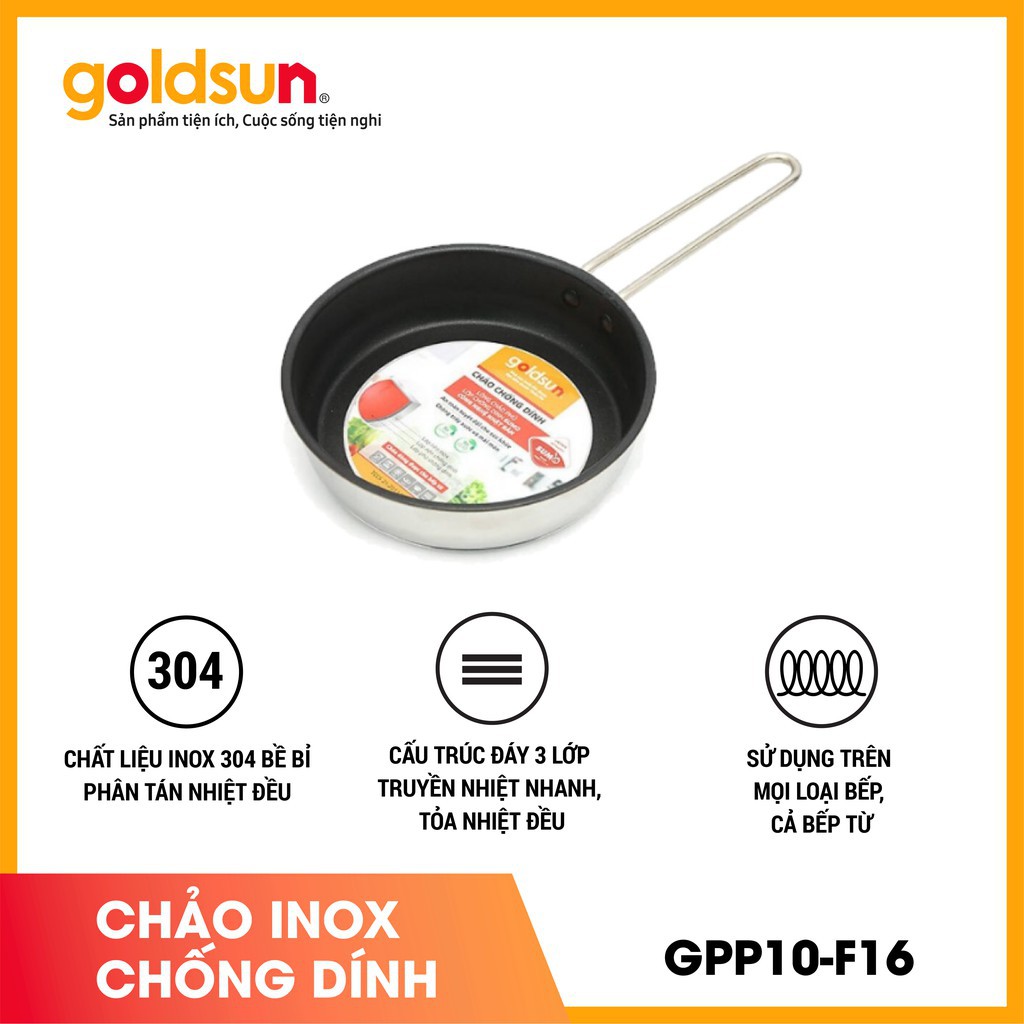 Chảo Inox Chống Dính GOLDSUN - Chống Dính Okitsumo Nhật Bản- Đáy 3 Lớp Tiết Kiệm Thời Gian Nấu- GPP10-F16