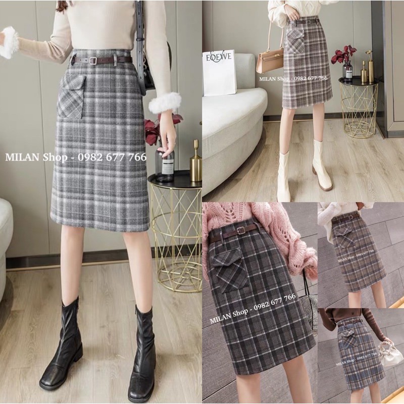 Chân váy dạ dài kẻ kèm đai túi hộp nhiều màu trẻ