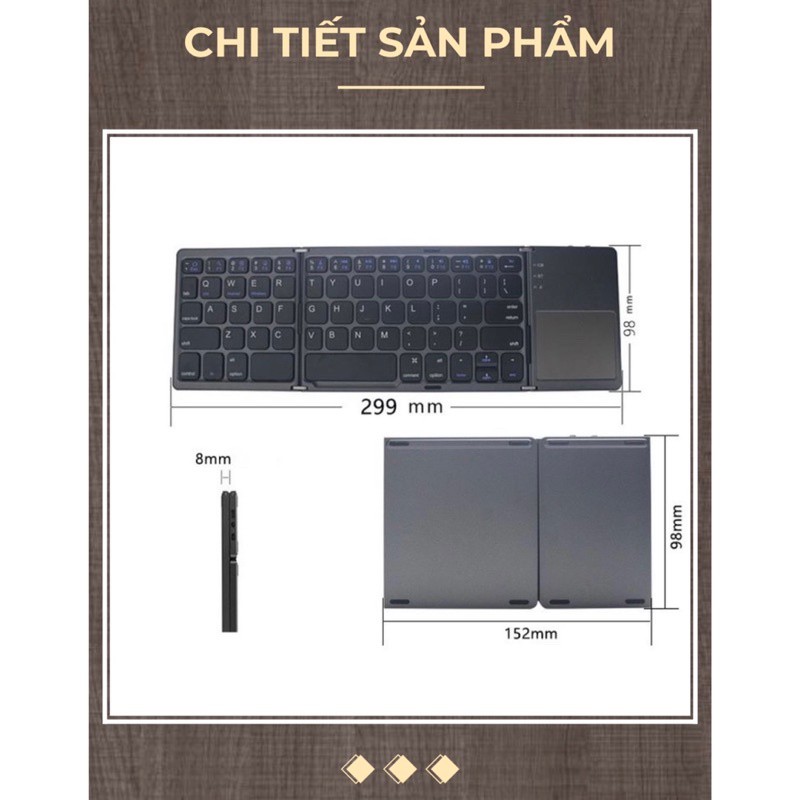 Nội Địa Trung Bàn Phím Không Dây Mini Gấp Gọn Bluetooth Tích Hợp Touchpad B033 – Có độ nhạy gấp 3 lần kết nối tự độn