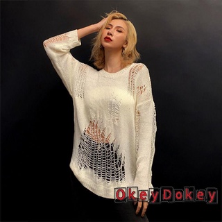 Odokey-y2k Áo Sweater Dệt Kim Chui Đầu Tay Dài Khoét Rỗng Kiểu Harajuku Gothic Mùa Thu