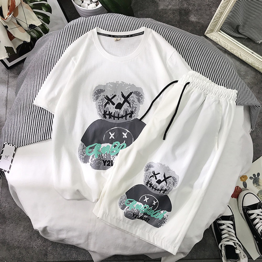 Bộ Đồ Thun Nam In Hình Gấu Áo Tay Ngắn Cổ Tròn Quần Short Đùi Thể Thao SEPTEMBERGIRL 90000163C