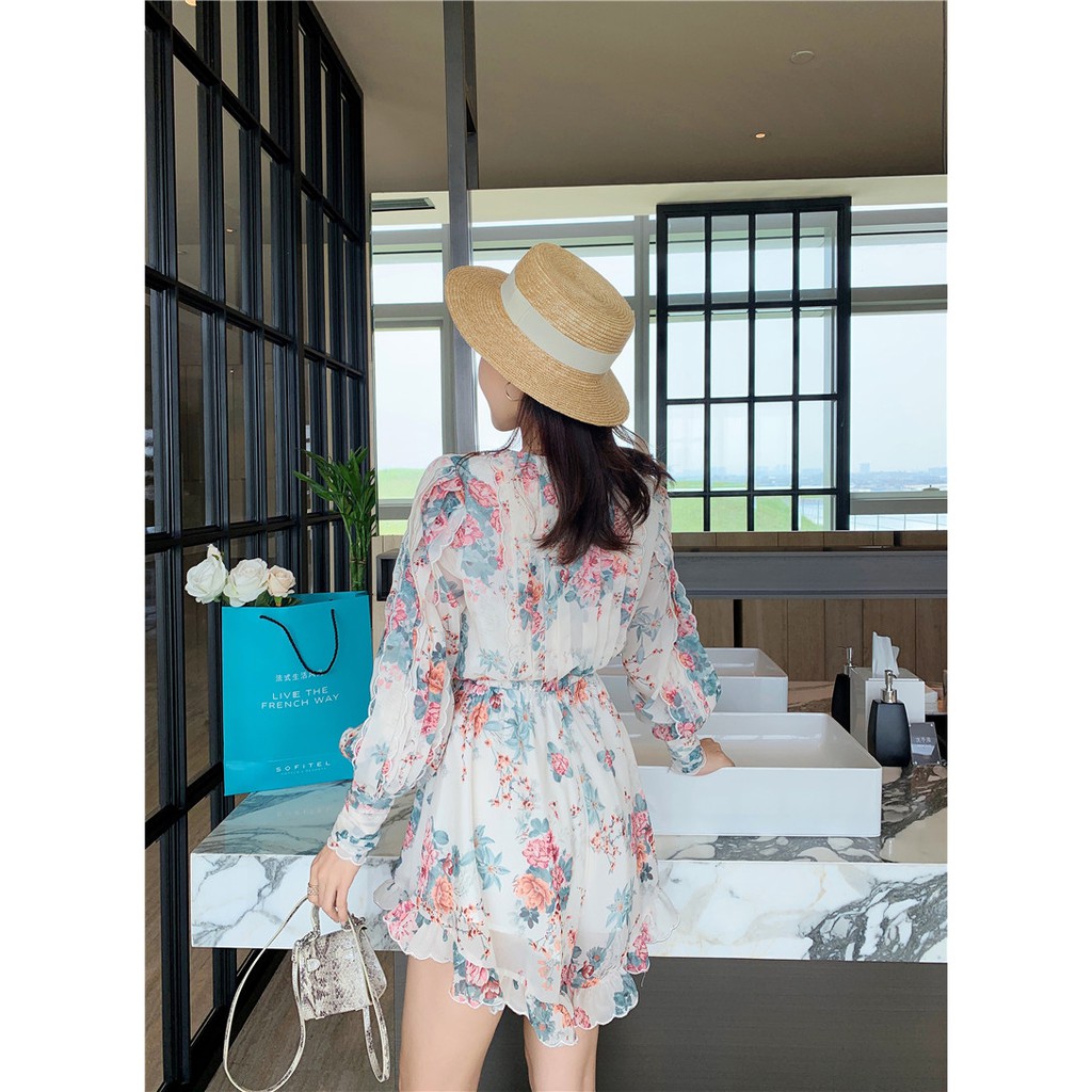 Jumpsuit voan hoa tay bo phồng ngực xếp nếp thắt dây eo nữ tính