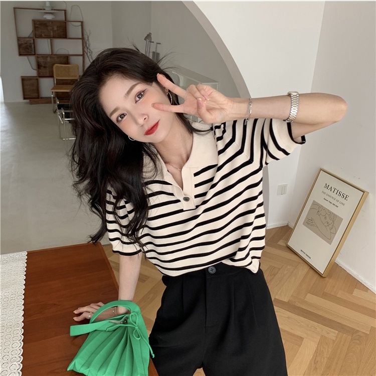 Áo thun ZHELIHANGFEI polo ngắn tay họa tiết kẻ sọc thời trang