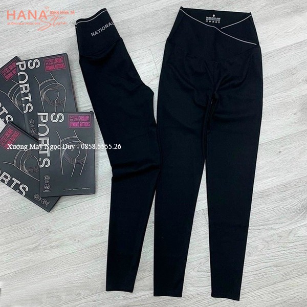 Quần legging nữ cạp cao viền sọc kẻ trắng vạt chéo gen bụng nâng mông dáng quần tregging dài ôm thun gân vải co giãn gym