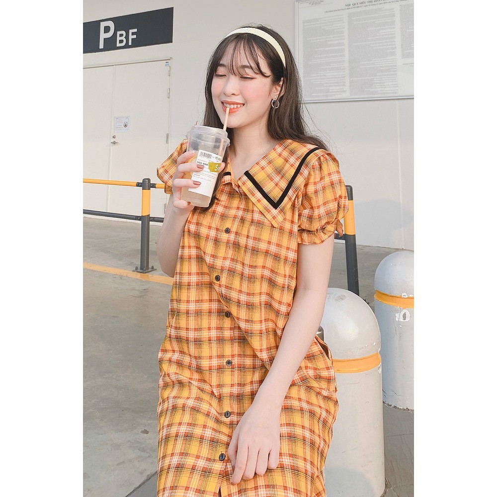 Đầm váy nữ 92WEAR đủ màu, đủ size, dáng suông ngắn tay kẻ caro viền lá cổ DXW0235 | BigBuy360 - bigbuy360.vn