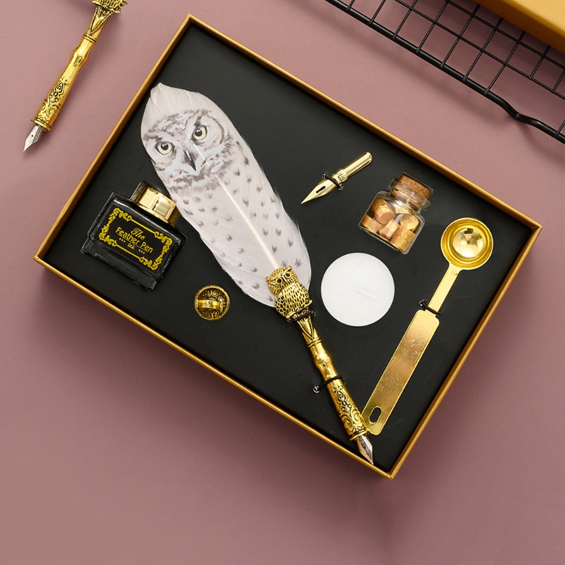 Hộp Bút Thư Pháp Hình Chim Cú Lông Vũ Thư Pháp Cổ Điển Với Ngòi Sáp Đóng Dấu Niêm Phong