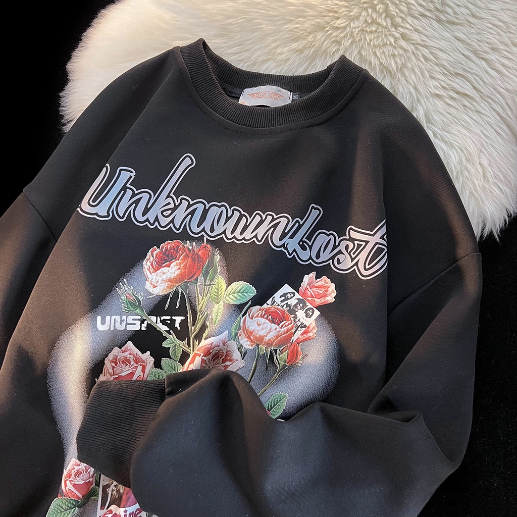 ZHELIHANGFEI Áo Sweater Tay Dài Dáng Rộng In Hình Hoa Hồng Kiểu Retro