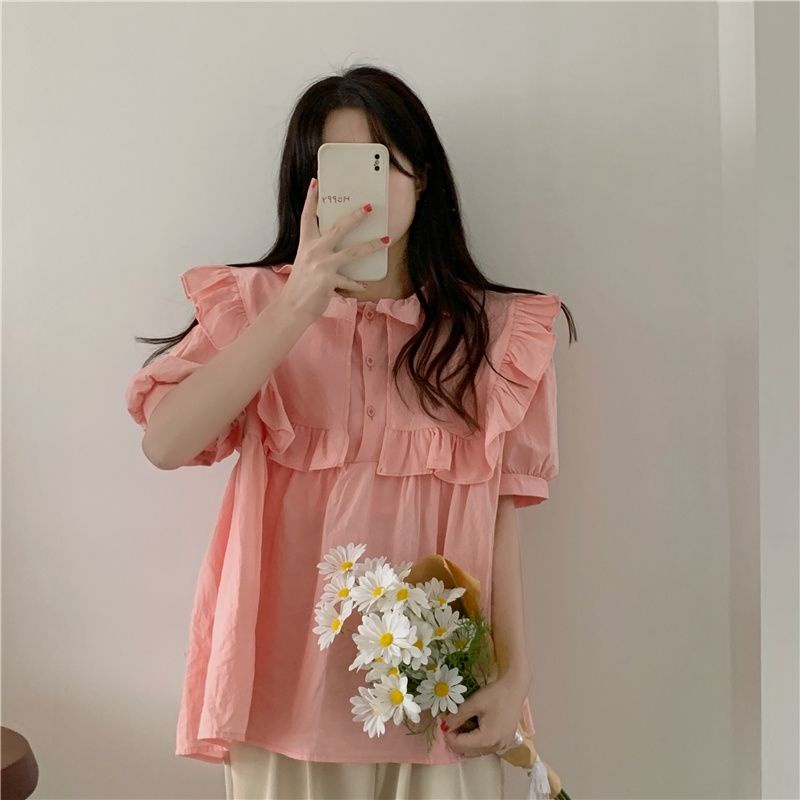 Áo Sơ Mi Cổ Búp Bê Tay Phồng Dáng Rộng Màu Trơn Phong Cách Hàn Quốc Mới