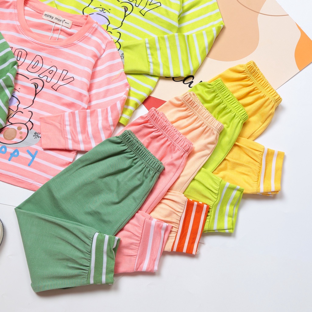 [Bé 7-32kg] Bộ Dài tay thun lạnh sọc dệt in hình Minky Mom mềm mịn cho bé trai bé gái từ 7-32kg
