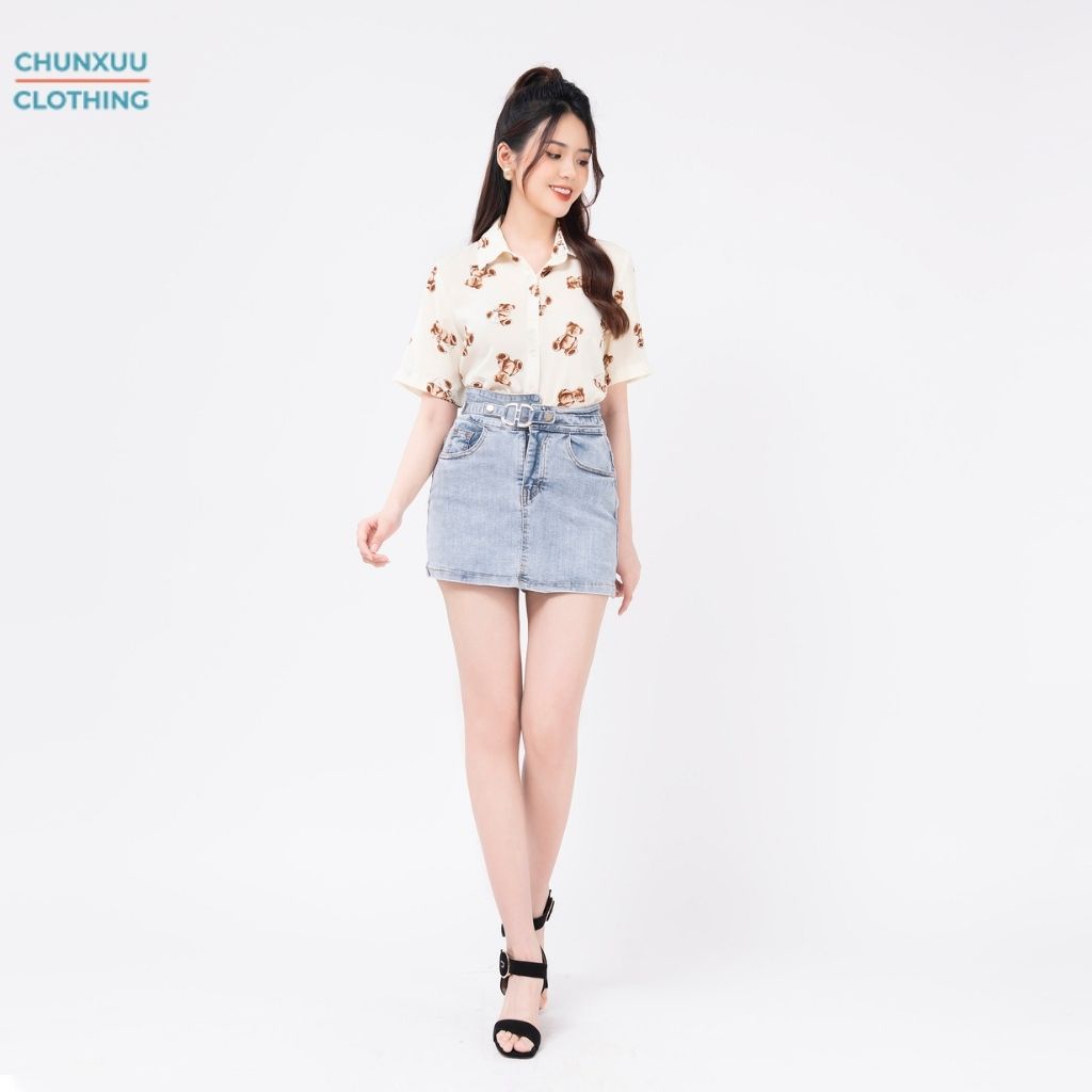 Áo sơ mi nữ kiểu cộc tay Chunxuu thiết kế kiểu dáng basic họa tiết gấu bear thời trang - SK04