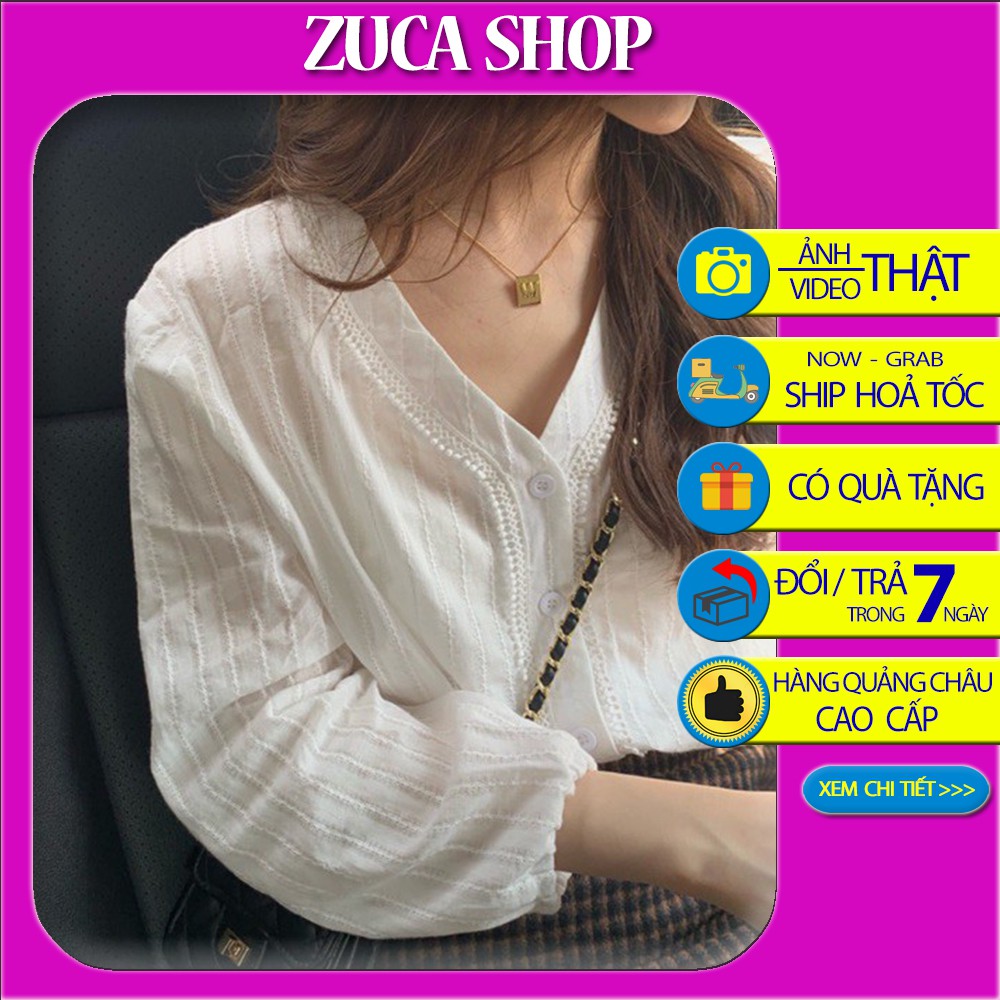 Áo Nữ Viền Ren Cổ V Tay Bồng -  Áo sơ mi nữ cổ V cách điệu dễ thương Zuca Shop