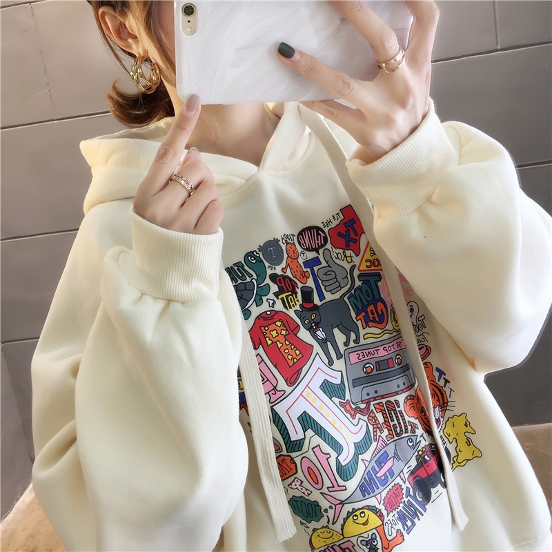 Áo hoodie ulzzang unisex form rộng Hàn Quốc họa tiết in thời trang