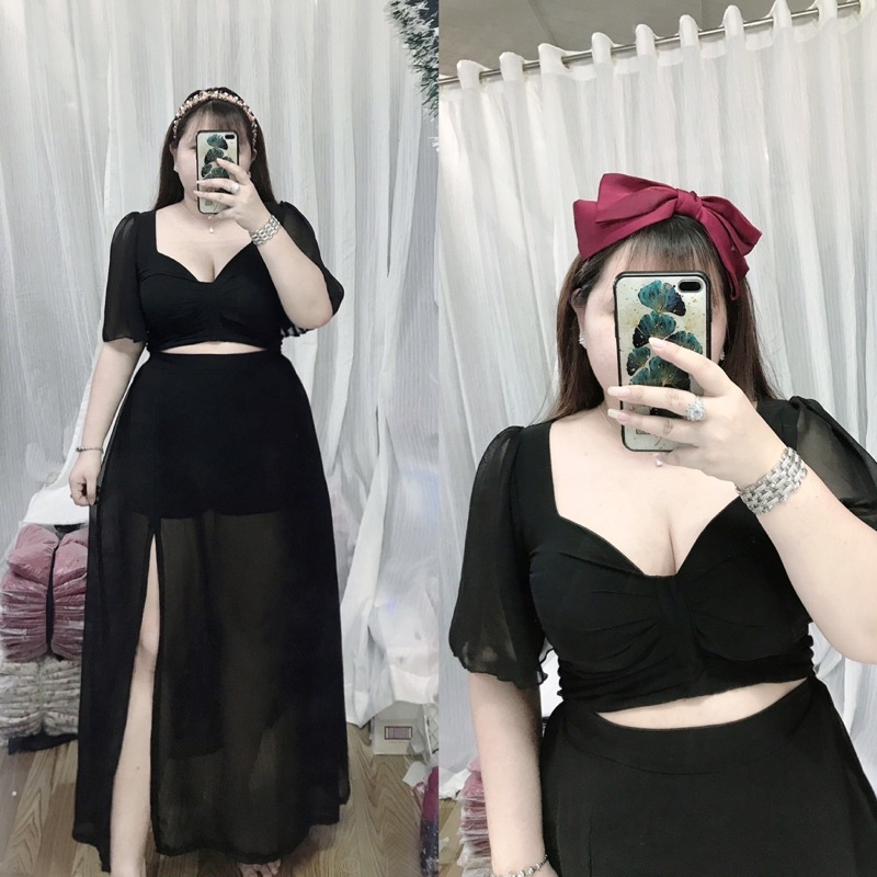 Set áo chân váy voan xẻ tà