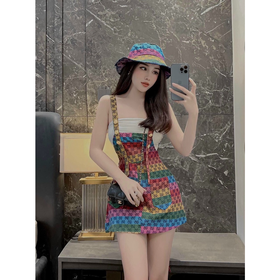 [9.9 Sales Freeship] Set yếm váy kaki nữ in họa tiết kèm áo ống trắng, set yếm váy phối túi dạo phố trẻ trung, cá tính