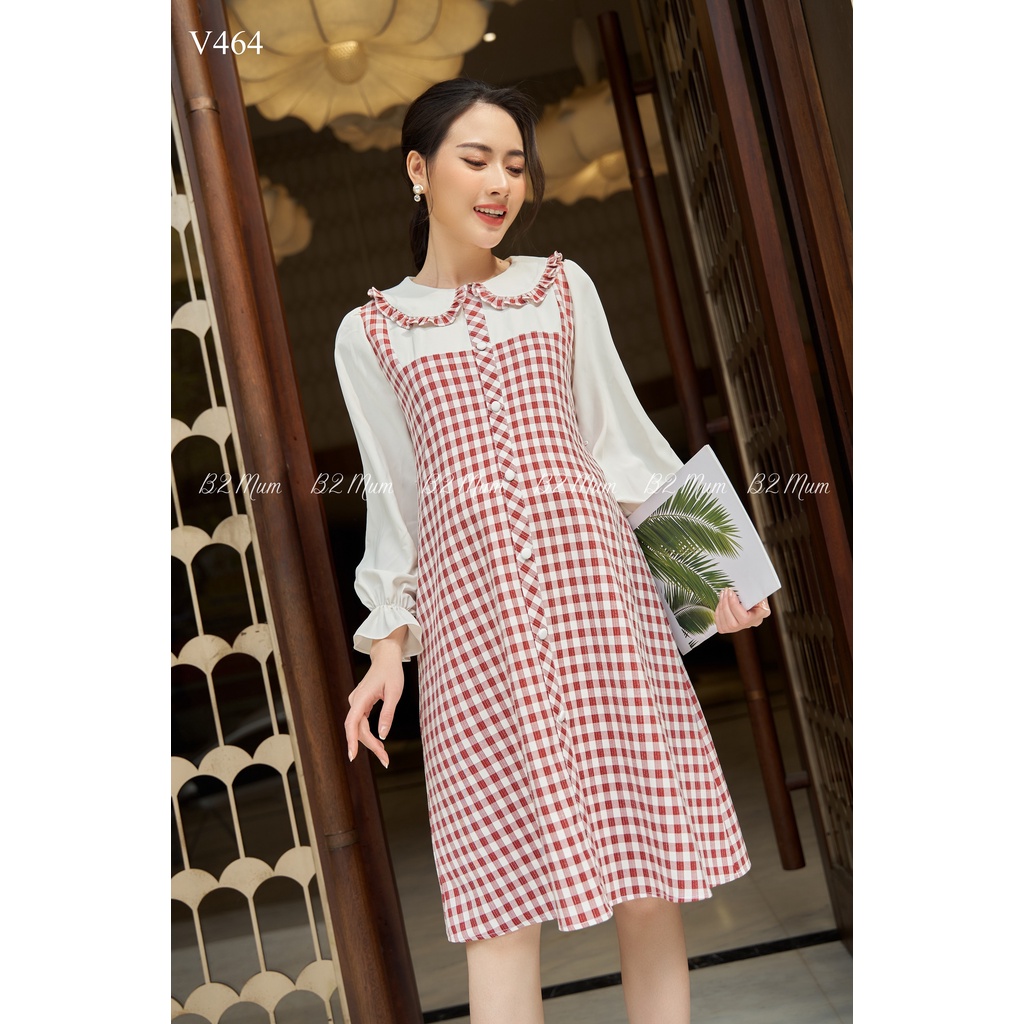 V464 Váy bầu dài tay kẻ Đầm thiết kế chất liệu vải linen mềm mại Đầm thiết kế cổ gập bèo siêu xinh, phối kẻ phối tay lụa