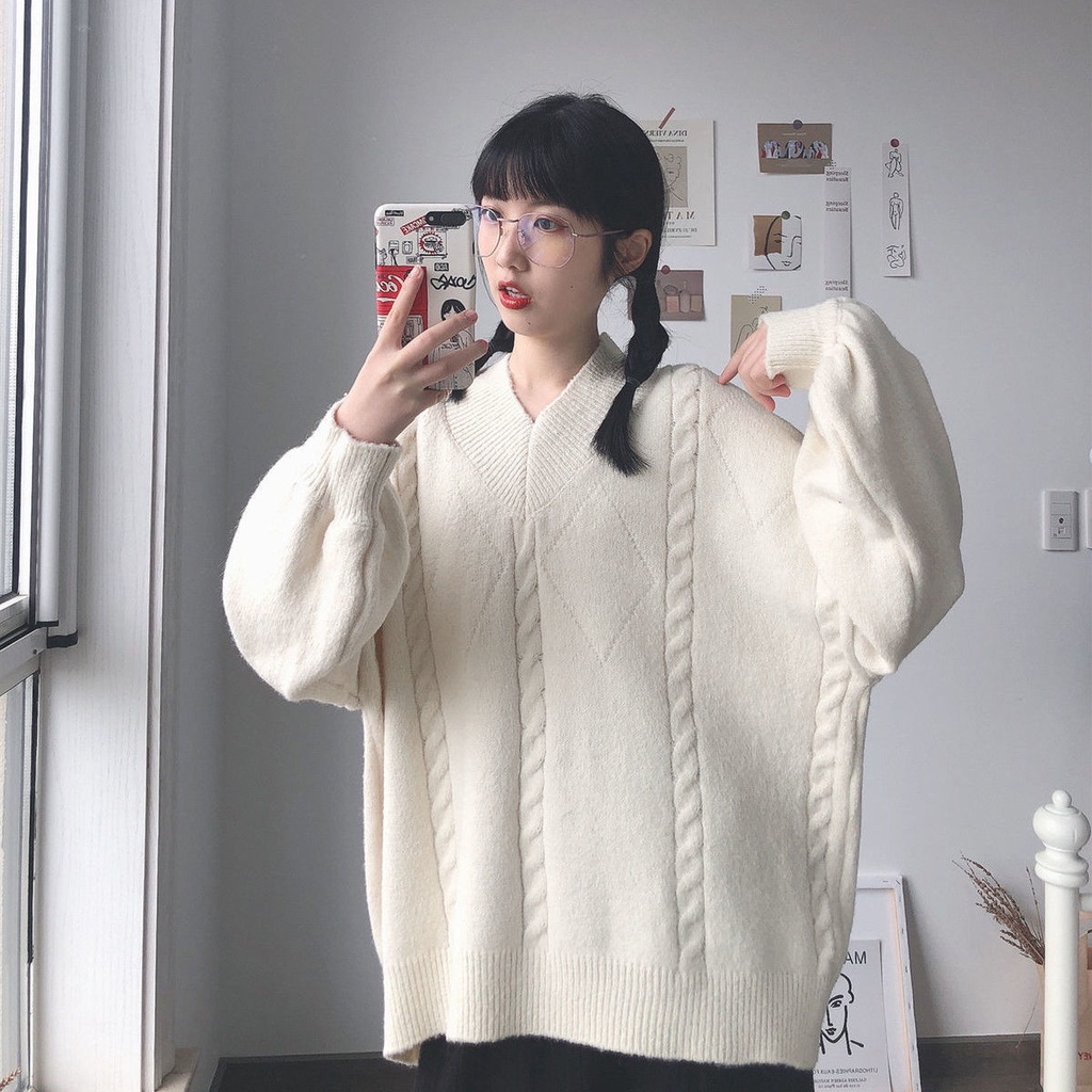 Mới Áo Sweater Dệt Kim Tay Dài Dáng Rộng Cổ Chữ V Màu Trơn Kiểu Hàn Quốc Xinh Xắn Cho Nữ