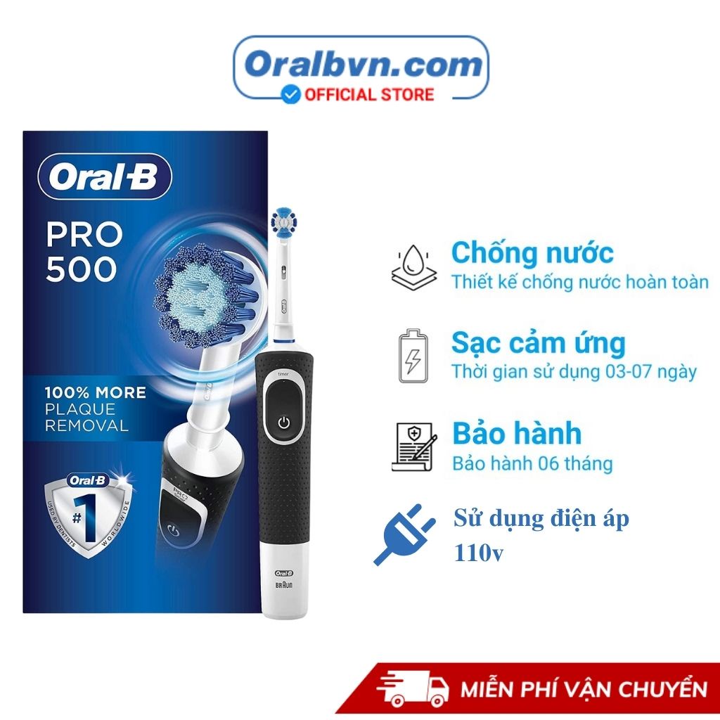 Bàn chải điện đánh răng tự động Oral B Pro 500 đen làm sạch răng, hạn chế viêm nướu