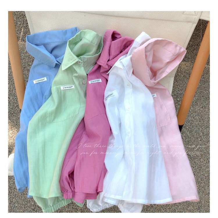 Áo Sơ Mi Vải Lanh Chống Nắng Dáng Rộng Màu Trơn Kiểu Hàn Quốc Thời Trang Cho Bé Gái 100-150cm