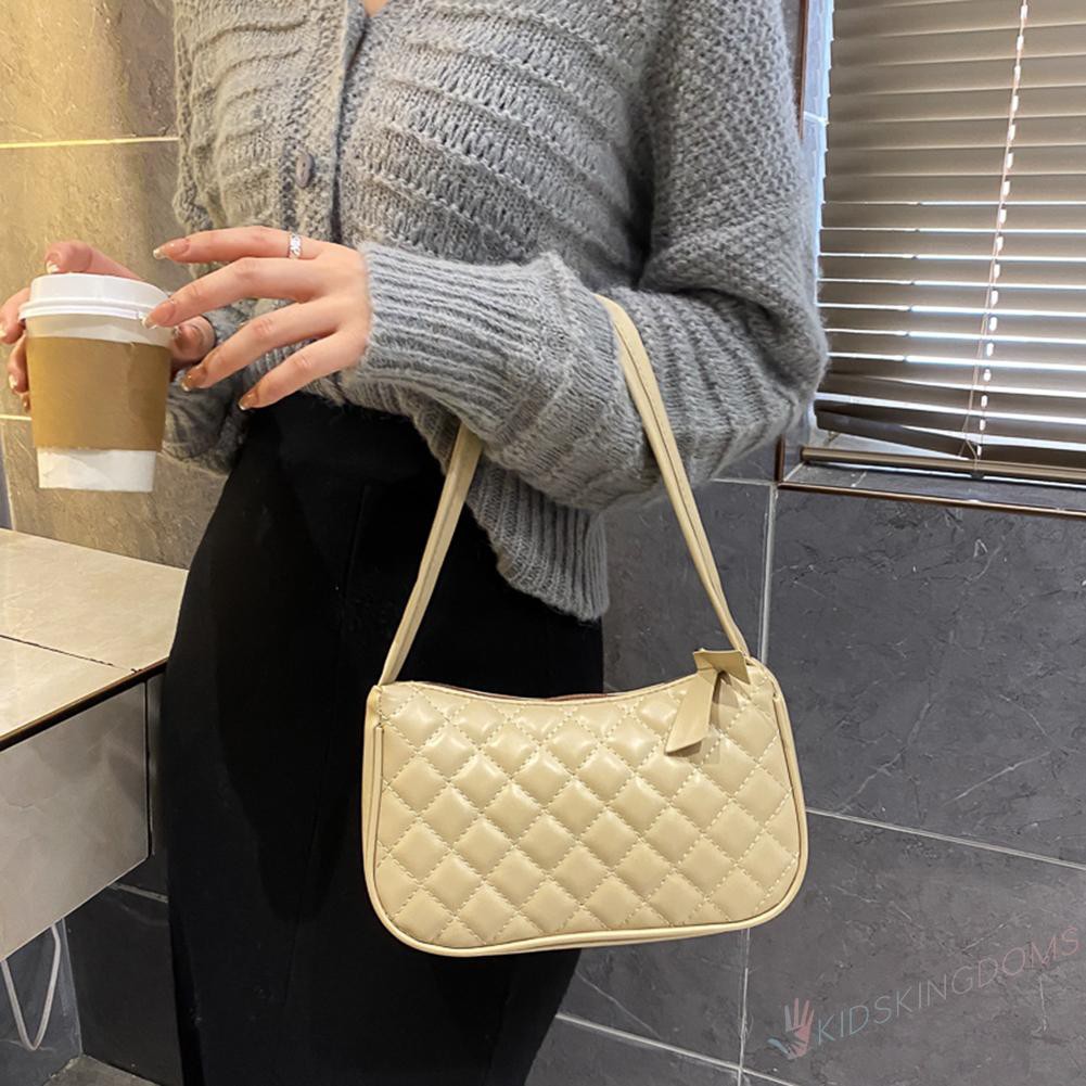 Women Lattice Pattern Shoulder Underarm Bag Solid PU Casual Handbags Totes