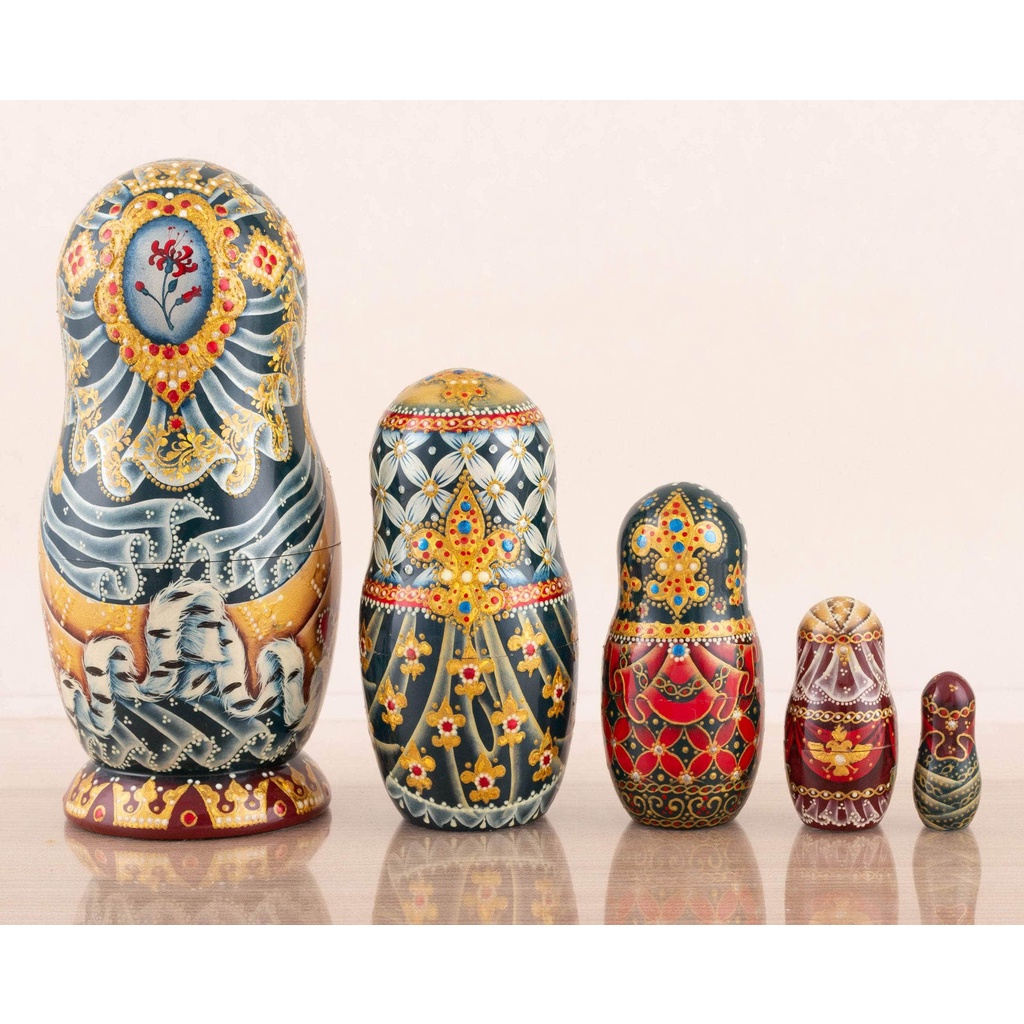 (CỰC SANG TRỌNG) CÁC BỘ BÚP BÊ NGA MATRYOSHKA 5 LỚP CAO CẤP ĐẶC BIỆT HOA VĂN &quot;NỮ HOÀNG CATHERINE&quot; CỰC SANG TRỌNG ĐỘC ĐÁO