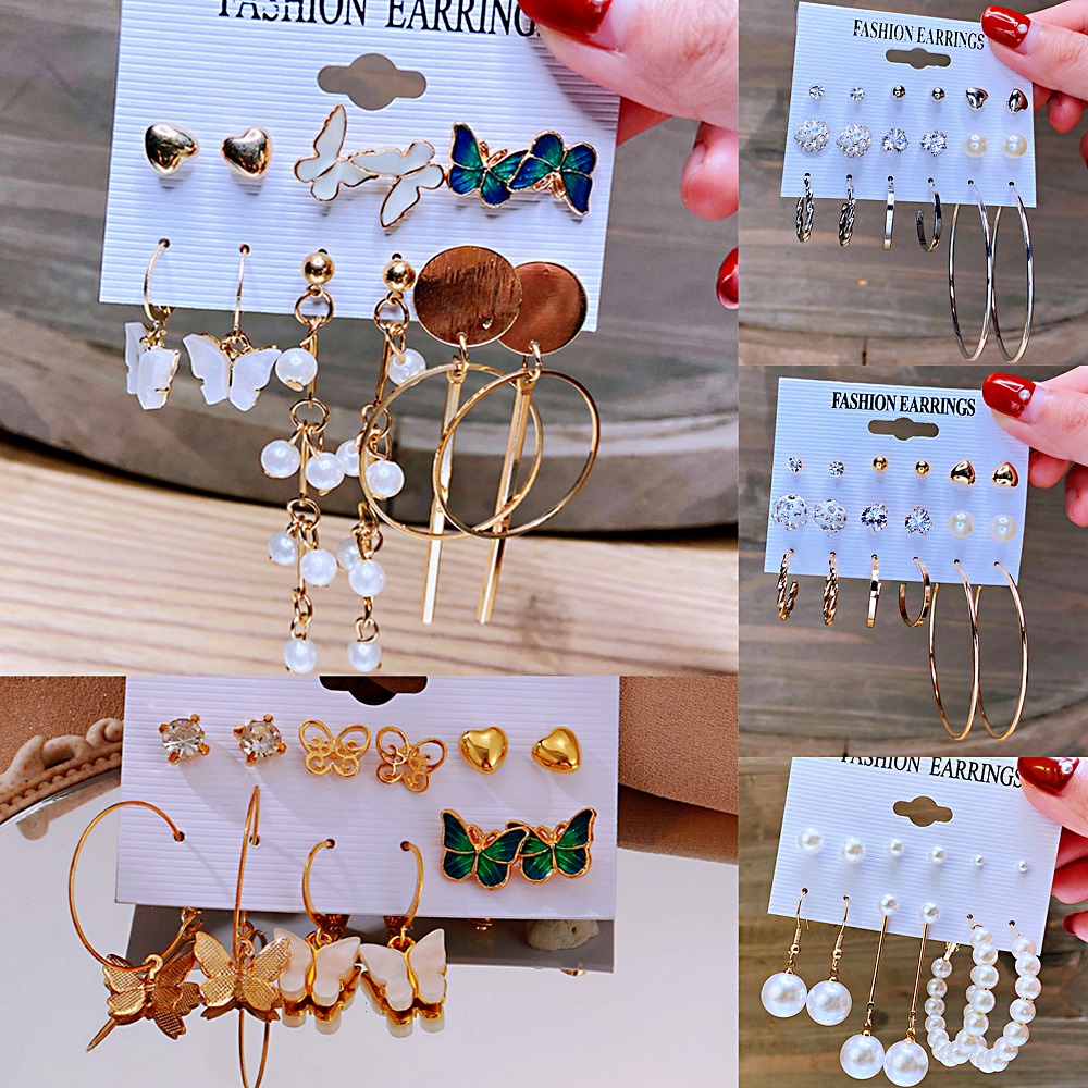 9đôi / bộ bông tai vàng thời trang pha lê ngọc trai xoắn bộ Hoa tai phụ kiện trang sức cho nữ