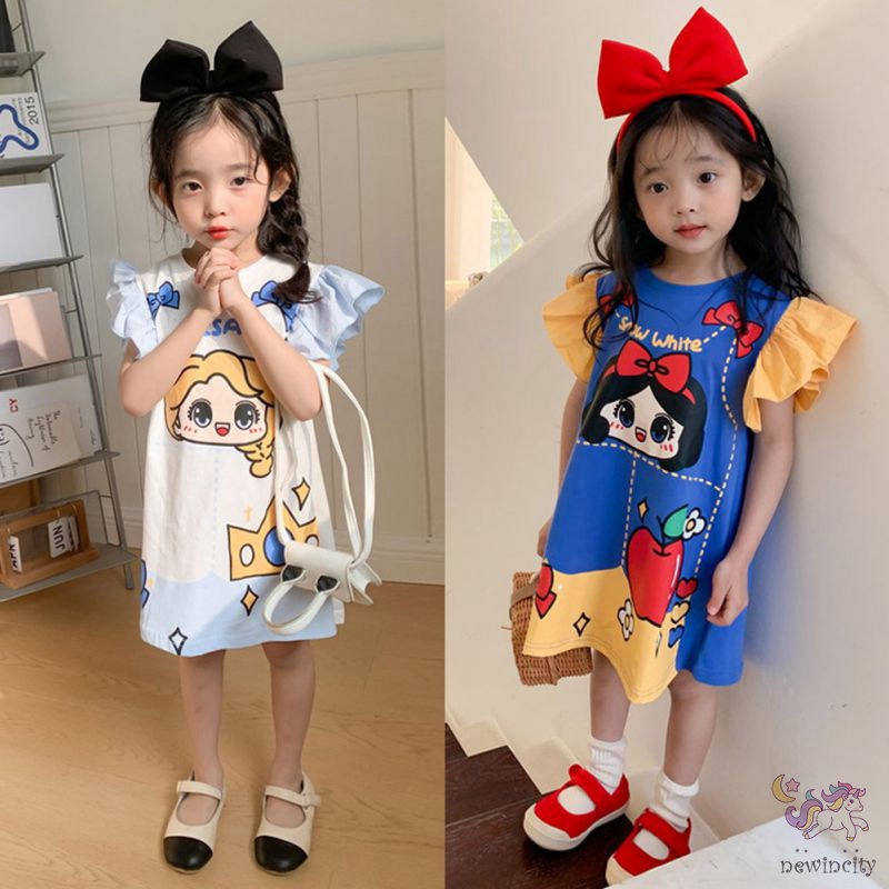 Đầm Cotton Ngắn Tay In Hoạt Hình Aisha Kiểu Hàn Quốc Đáng Yêu Cho Bé Gái