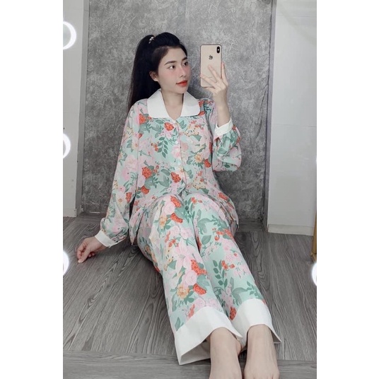 Bộ Ngủ Pyjama Lụa Mango Cổ Sen Tay Dài Cao Cấp