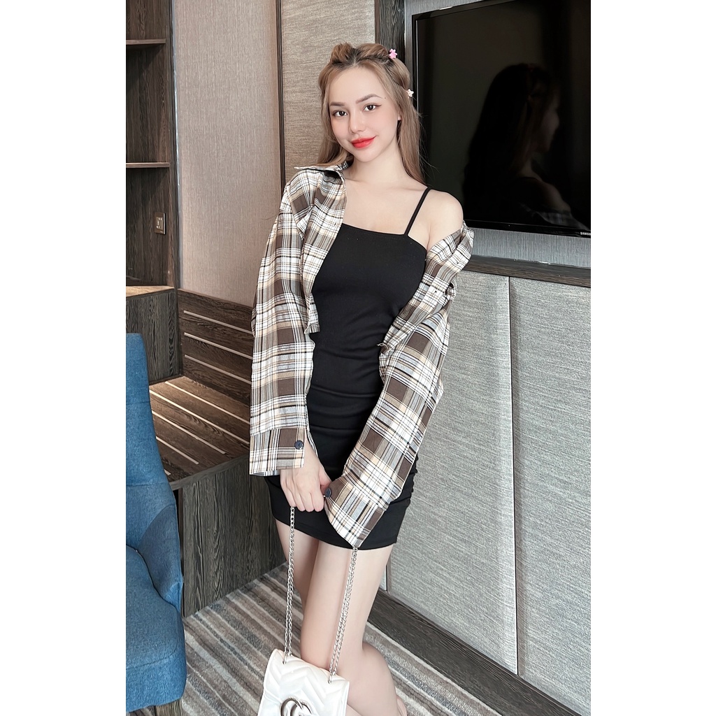 Set đầm body mix somi caro crop tay dài