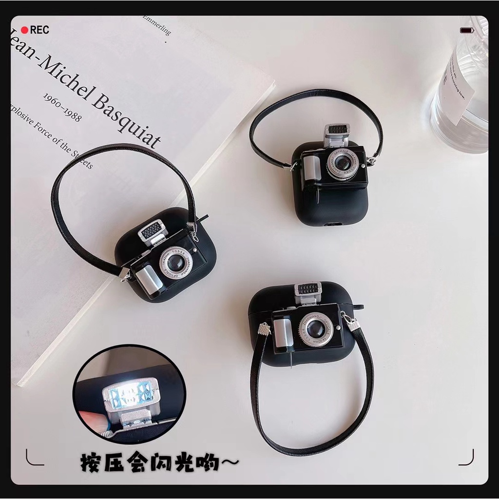 Vỏ Bảo Vệ Hộp Sạc Tai Nghe airpods 1/2/3 pro Hình Chiếc Máy Ảnh 3D Kiểu Retro Dễ Thương Kèm Dây Đeo