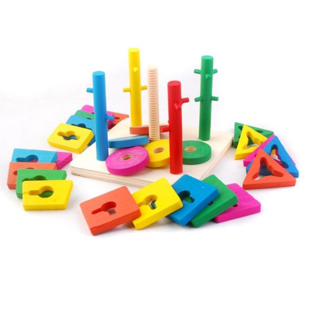 Đồ chơi giáo dục bộ thả hình học 5 trụ giúp bé làm quen hình khối và màu sắc - đồ chơi gỗ Bonkids toys