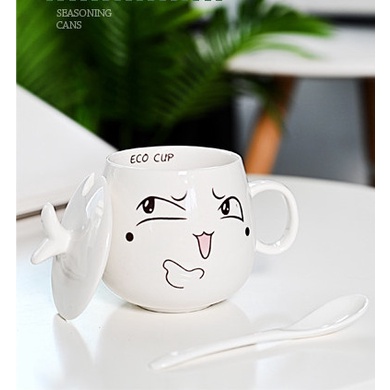 Cốc siêu dễ thương kèm thìa sứ và nắp đậy