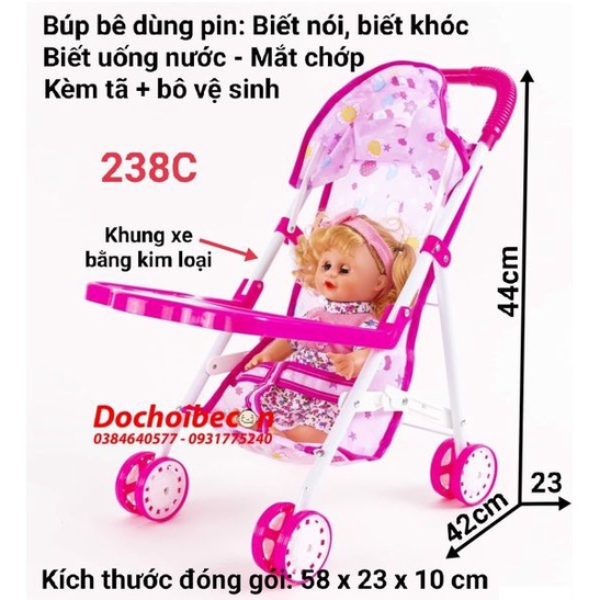 Búp bê xe đẩy có bàn ăn khung kim loại - Bé gái - Búp bê biết khóc, uống nước, đi vệ sinh - 238C
