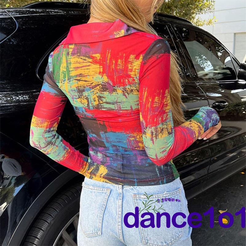 Áo sơ mi dài tay cổ chữ V in họa tiết nhuộm màu phong cách retro dành cho nữ