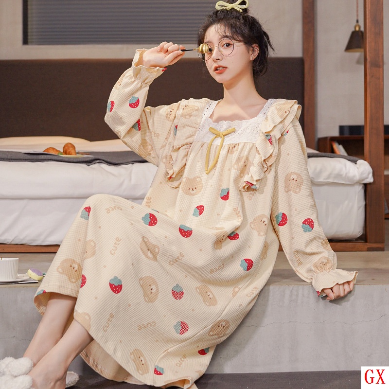 Đầm Ngủ Tay Dài Chất Cotton Dáng Rộng Thời Trang Xuân Thu Xinh Xắn Cho Mẹ Bầu