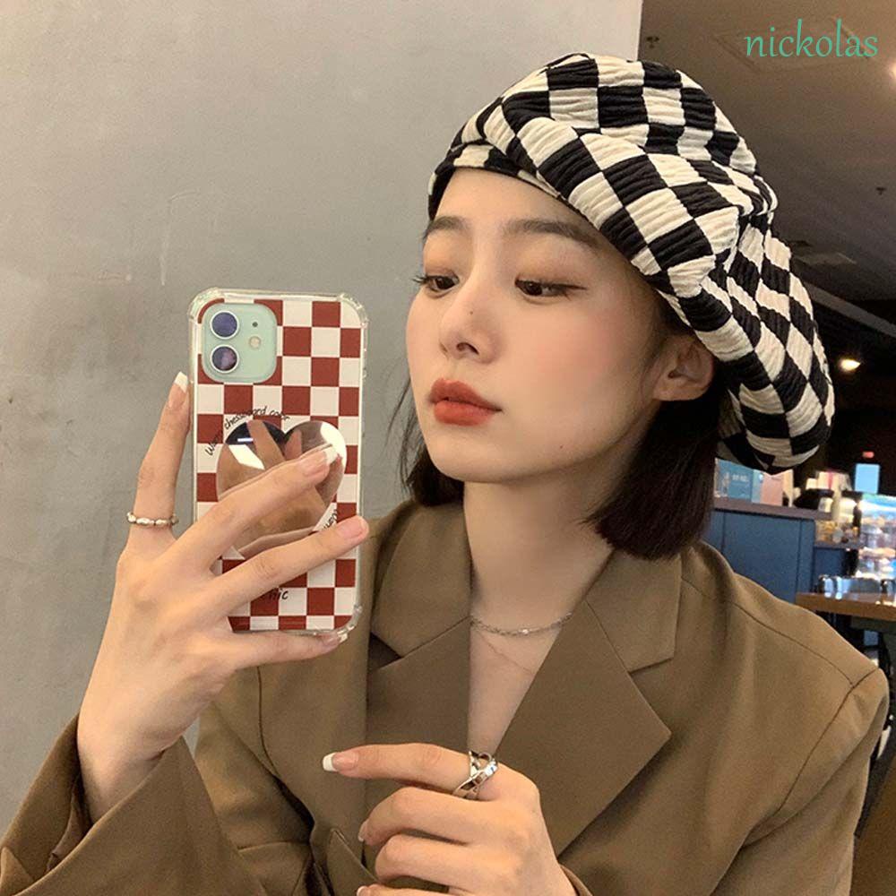 Mũ Beret Vải Nhung Kẻ Sọc Caro Phong Cách Hàn Quốc Cổ Điển Thời Trang Thu Đông Cho Nữ