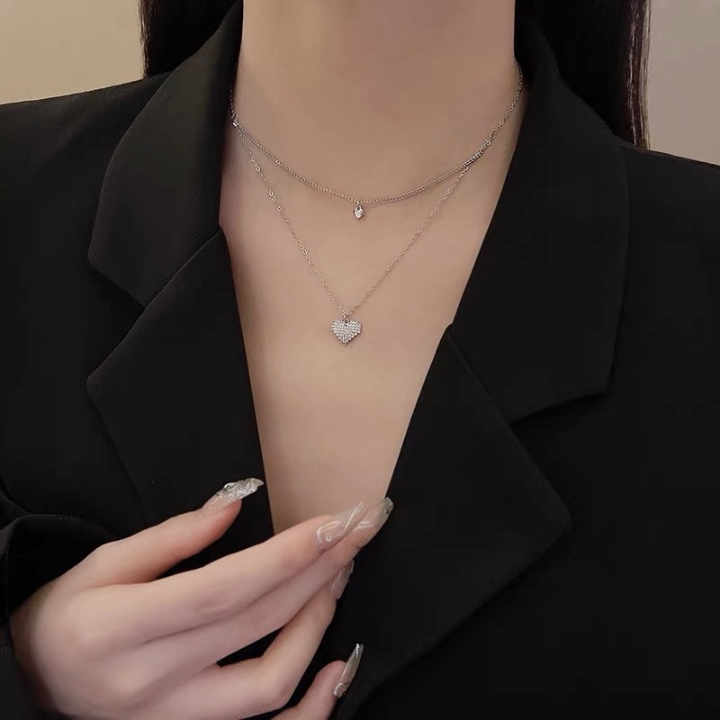 Vòng cổ Hai Lớp Hình Trái Tim Đính Đá Thời Trang Cho Nữ