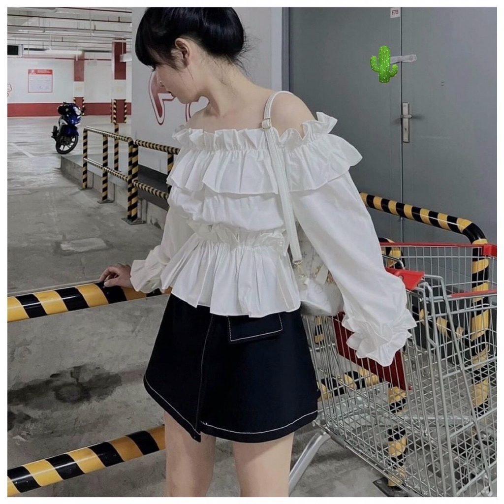 Áo bẹt vai nhún bèo 2 tầng tay phồng dài màu trắng tinh khôi thời trang peplum cổ điển đáng yêu gợi cảm PC