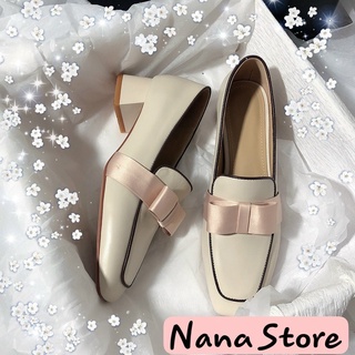 Giày loafer nữ da mềm nhẹ gót cao 3.5cm kèm nơ nữ