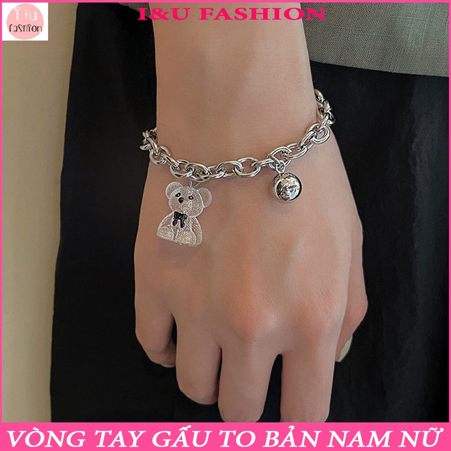Vòng Tay Nam Nữ Lắc Tay Chú Gấu Trong Suốt Đính Nơ Dây Xích Màu Bạc To Bản Độc Đáo Chắc Chắn Thời Trang Hiện Đại VT-54