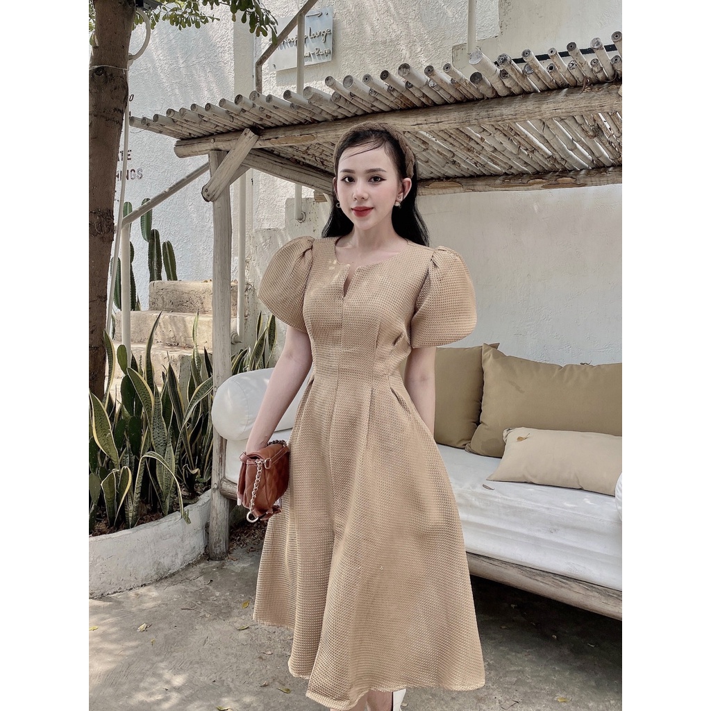 Đầm dự tiệc xòe bồng cổ xẻ sang trọng Miena Dress [KÈM ẢNH THẬT]