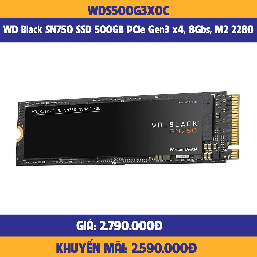 Ổ cứng SSD WD SN750 Black 500GB M.2 2280 PCIe NVMe 3x4 (Đọc 3430MB/s - Ghi 2600MB/s) - (WDS500G3X0C)-hàng chính hãng