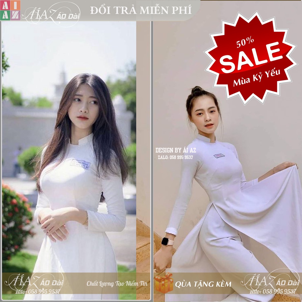 Áo Dài Nữ Trắng Truyền Thống Áo Dài Học Sinh Cổ Khoét 2 Tà HS05