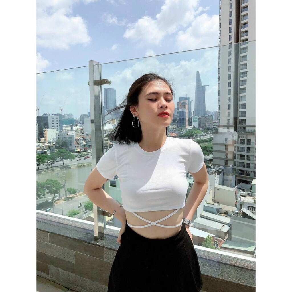 [Áo kiểu hot] Áo thun kiểu croptop quấn eo VISAVA hot 2021, trắng, đen | BigBuy360 - bigbuy360.vn