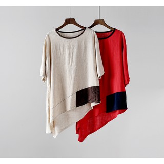 Áo linen chắp vá lệch tà