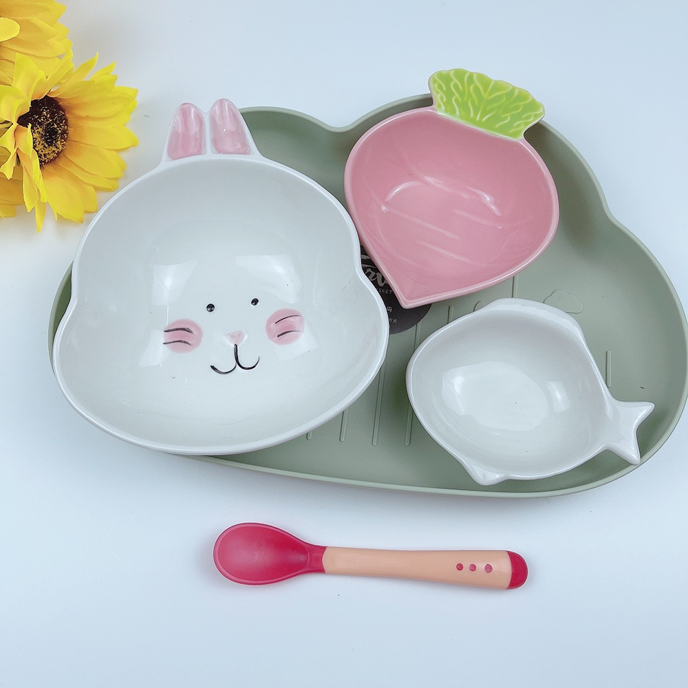Bát Ăn Dăm, Set Bát Ăn Dặm Gốm Sứ Nhiều Màu Nhiều Hình Ngộ Nghĩnh Tặng Kèm Thìa Cho Bé