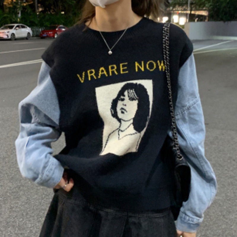 Áo sweater dệt kim dáng rộng phối vải denim thời trang